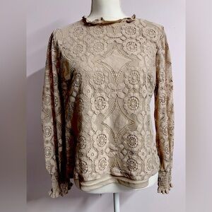 Women’s Cottagecore Top/Blouse, M, Beige, Smocked Cuffs, Vintage, by Ultra Pink